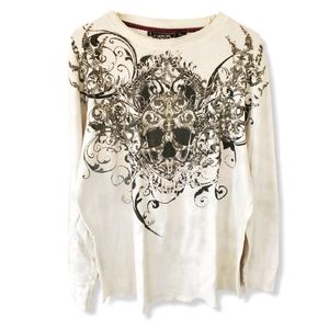 White Edgy Distortion Skull Long Sleeve Mens Shirt